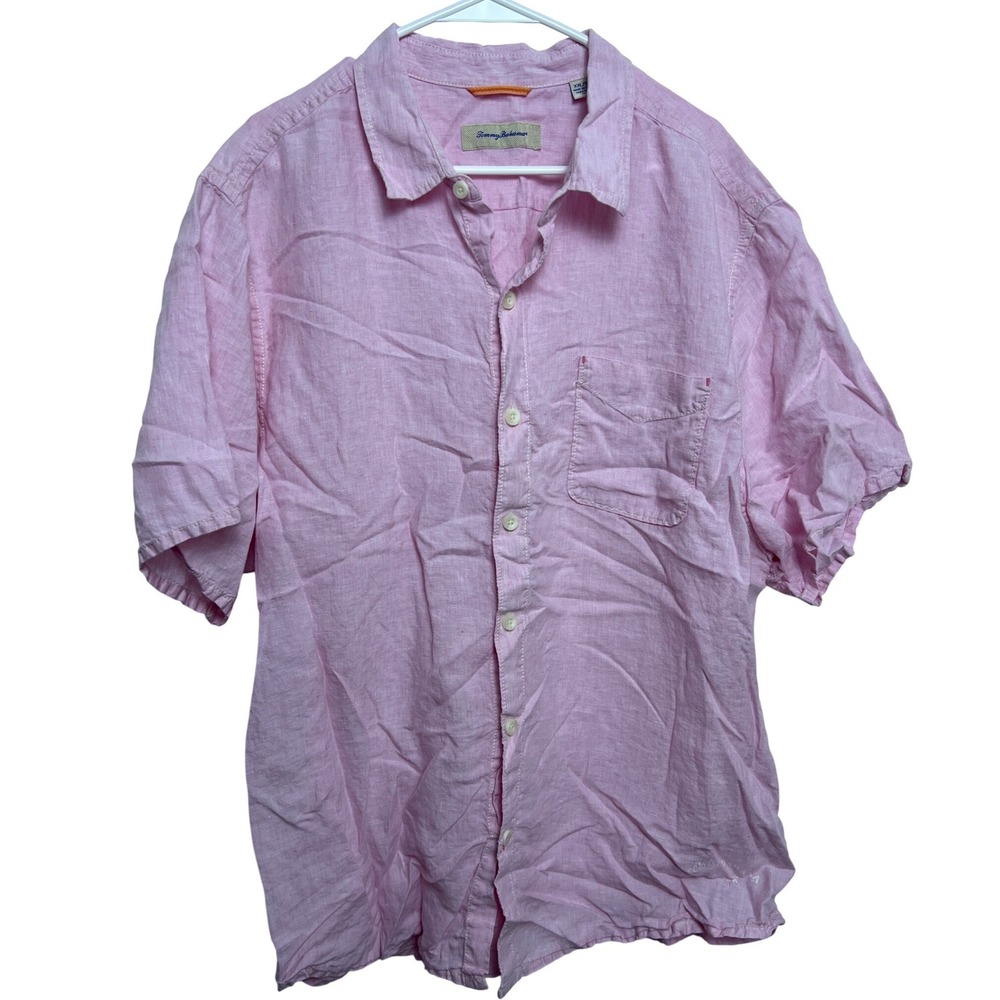 Tommy Bahama Relax Men XXL Pink 100% Linen Short Sleeve Button Down Shirt Resort